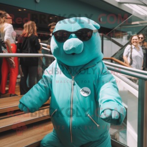 Turquoise Stellar'S Sea Cow mascot costume character dressed with a Windbreaker and Sunglasses