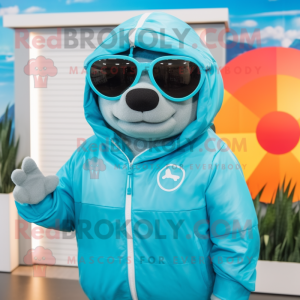 Turquoise Stellar'S Sea Cow mascot costume character dressed with a Windbreaker and Sunglasses