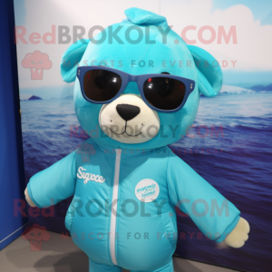 Turquoise Stellar'S Sea Cow mascot costume character dressed with a Windbreaker and Sunglasses