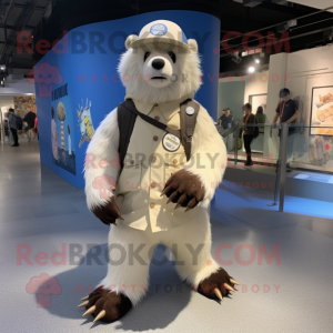 Cream Sloth Bear mascot costume character dressed with a Graphic Tee and Berets