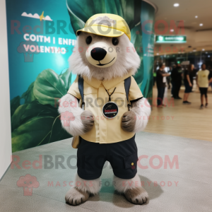 Cream Sloth Bear mascot costume character dressed with a Graphic Tee and Berets