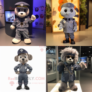 Gray Navy Soldier mascot costume character dressed with a Bomber Jacket and Hair clips