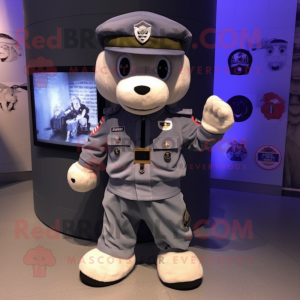 Gray Navy Soldier mascot costume character dressed with a Bomber Jacket and Hair clips
