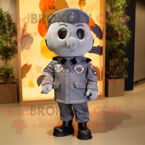 Gray Navy Soldier mascot costume character dressed with a Bomber Jacket and Hair clips