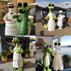 Olive Loch Ness Monster mascot costume character dressed with a Wedding Dress and Sunglasses