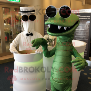 Olive Loch Ness Monster mascot costume character dressed with a Wedding Dress and Sunglasses