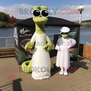 Olive Loch Ness Monster mascot costume character dressed with a Wedding Dress and Sunglasses