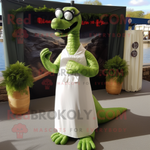 Olive Loch Ness Monster mascot costume character dressed with a Wedding Dress and Sunglasses