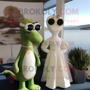 Olive Loch Ness Monster mascot costume character dressed with a Wedding Dress and Sunglasses