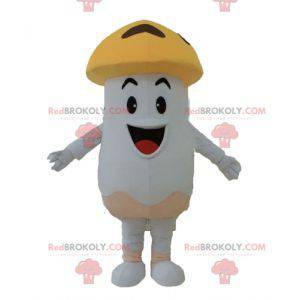 Mascote gigante cogumelo porcini branco e laranja sorrindo -