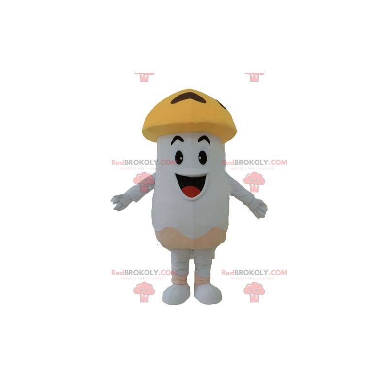 Giant white and orange porcini mushroom mascot smiling -