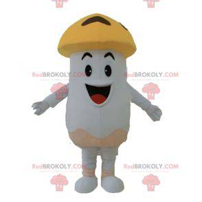 Giant white and orange porcini mushroom mascot smiling -