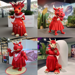 Red Triceratops mascot costume character dressed with a Maxi Dress and Rings