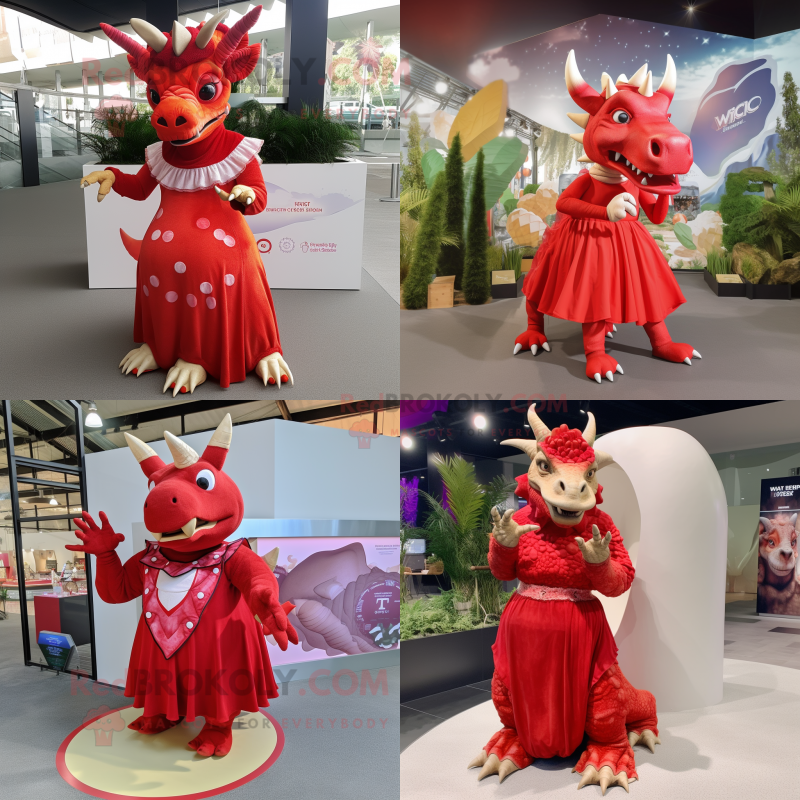Red Triceratops mascot costume character dressed with a Maxi Dress and Rings Red Triceratops mascot costume character dressed with a Maxi Dress and Rings