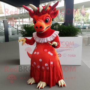 Red Triceratops mascot costume character dressed with a Maxi Dress and Rings