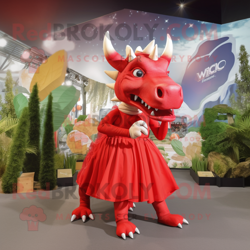 Red Triceratops mascot costume character dressed with a Maxi Dress and Rings