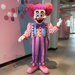 Pink Clown mascot costume character dressed with a Henley Shirt and Bow ties