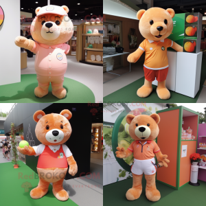 Peach Bear mascot costume character dressed with a Polo Tee and Keychains