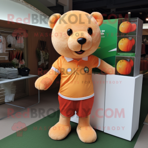 Peach Bear mascot costume character dressed with a Polo Tee and Keychains