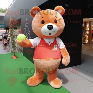 Peach Bear mascot costume character dressed with a Polo Tee and Keychains