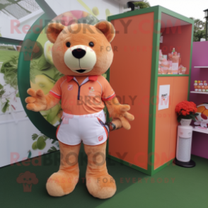 Peach Bear mascot costume character dressed with a Polo Tee and Keychains
