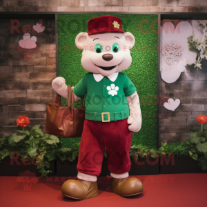 Maroon Bunch Of Shamrocks mascot costume character dressed with a Mom Jeans and Messenger bags