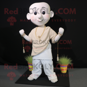 White Pad Thai mascot costume character dressed with a Henley Shirt and Necklaces