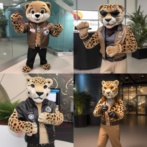 Tan Jaguar mascot costume character dressed with a Leather Jacket and Bracelet watches