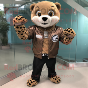 Tan Jaguar mascot costume character dressed with a Leather Jacket and Bracelet watches
