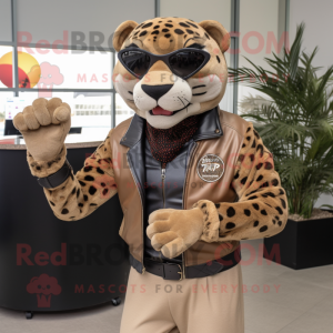 Tan Jaguar mascot costume character dressed with a Leather Jacket and Bracelet watches