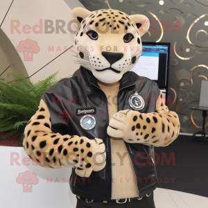 Tan Jaguar mascot costume character dressed with a Leather Jacket and Bracelet watches