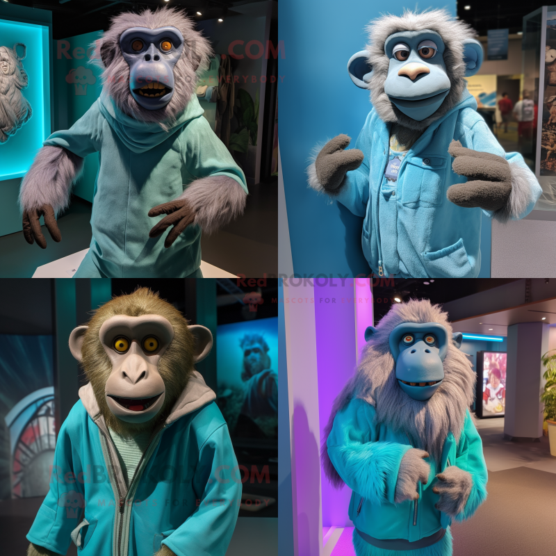 Cyan Baboon mascot costume character dressed with a Vest and Wraps