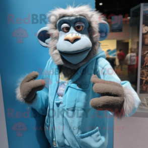 Cyan Baboon mascot costume character dressed with a Vest and Wraps