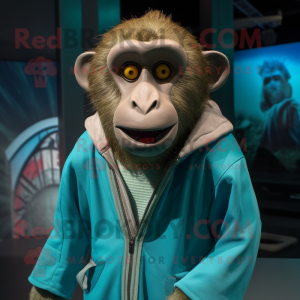Cyan Baboon mascot costume character dressed with a Vest and Wraps