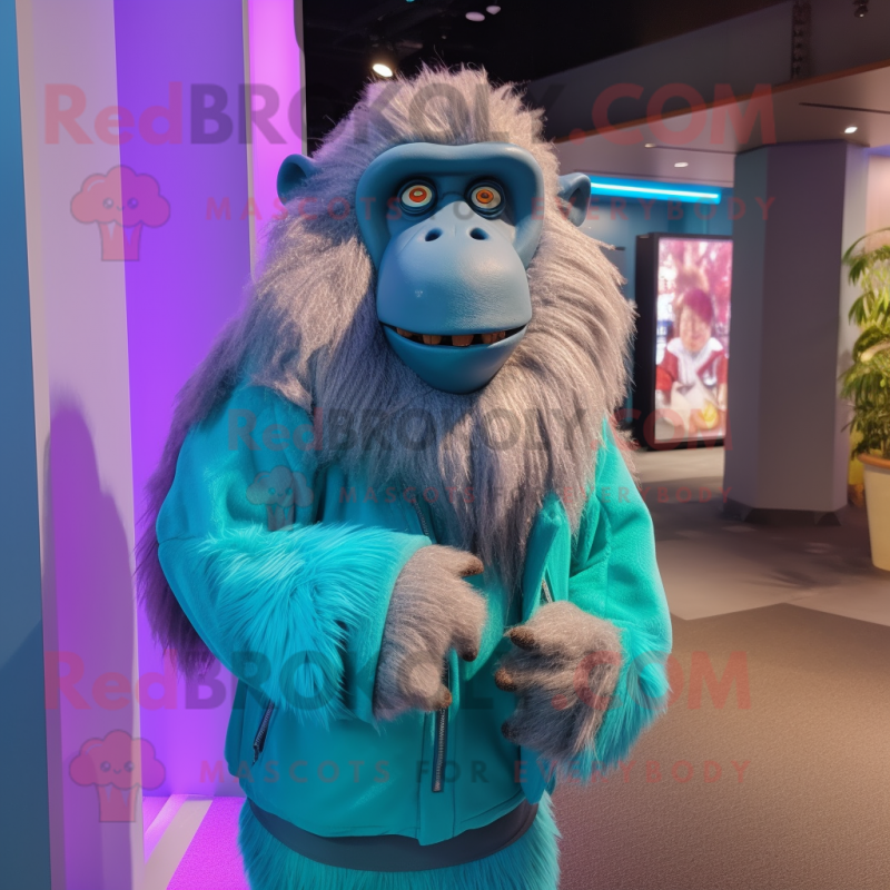 Cyan Baboon mascot costume character dressed with a Vest and Wraps