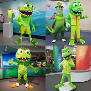 Lime Green Barracuda mascot costume character dressed with a Bermuda Shorts and Watches