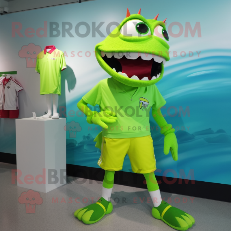 Lime Green Barracuda mascot costume character dressed with a Bermuda Shorts and Watches