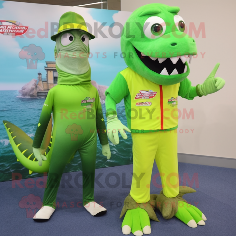 Lime Green Barracuda mascot costume character dressed with a Bermuda Shorts and Watches