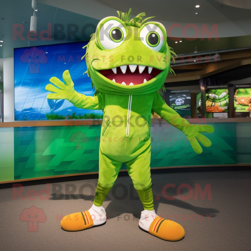 Lime Green Barracuda mascot costume character dressed with a Bermuda Shorts and Watches