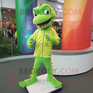 Lime Green Barracuda mascot costume character dressed with a Bermuda Shorts and Watches