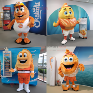 Peach Fish And Chips mascot costume character dressed with a Board Shorts and Belts