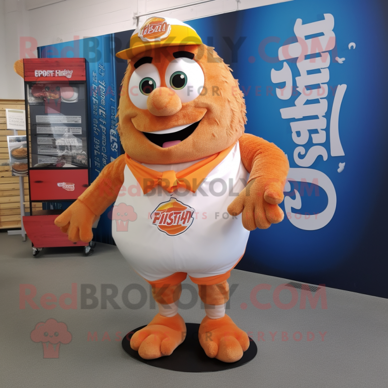 Peach Fish And Chips mascot costume character dressed with a Board Shorts and Belts