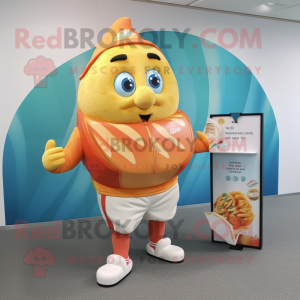 Peach Fish And Chips mascot costume character dressed with a Board Shorts and Belts