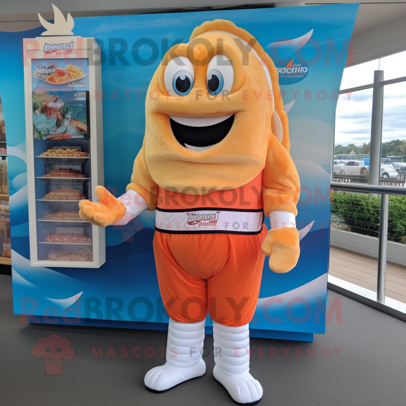 Peach Fish And Chips mascot costume character dressed with a Board Shorts and Belts