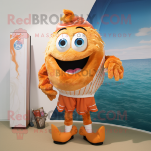 Peach Fish And Chips mascot costume character dressed with a Board Shorts and Belts