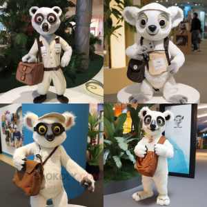 Cream Lemur mascot costume character dressed with a Henley Shirt and Handbags