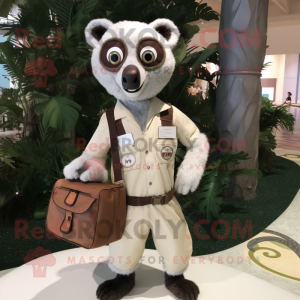 Cream Lemur mascot costume character dressed with a Henley Shirt and Handbags