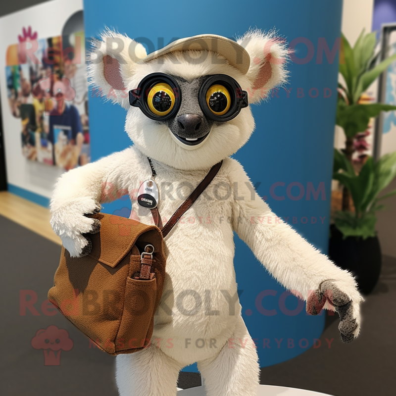 Cream Lemur mascot costume character dressed with a Henley Shirt and Handbags