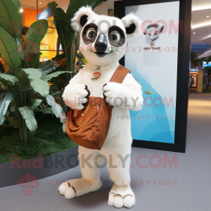 Cream Lemur mascot costume character dressed with a Henley Shirt and Handbags