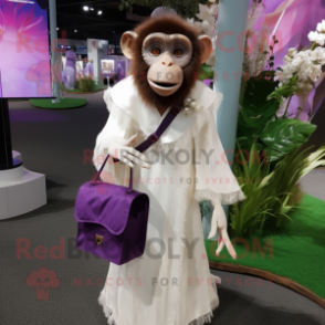 Purple Capuchin Monkey mascot costume character dressed with a Wedding Dress and Handbags